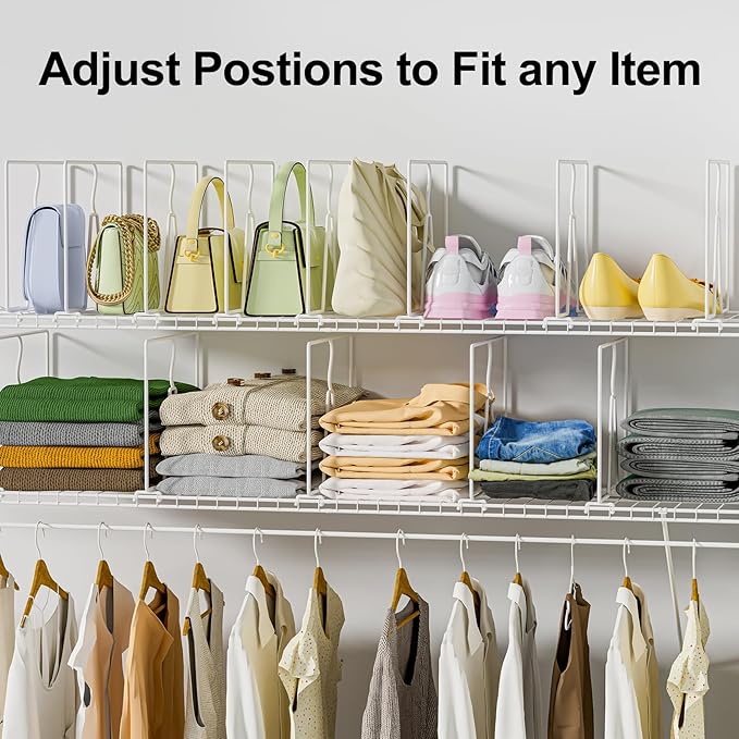 Wire Shelf Dividers for Closet: 16-inch Tall 12-inch Deep 6 Pack Wire Rack Accessories - Adjustable Purse Organizer for Sweaters Clothes Towels- Metal Linen Closet Pantry Separators
