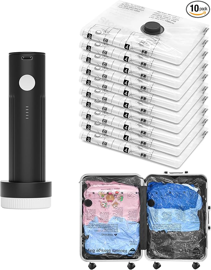 Vacuum Seal Bags for Clothing Travel and Home Storage, Travel Vacuum Bags with Electric Pump, Space Saver Compression Packing Cubes for Luggage Suitcase Bedding Blankets Clothes, 10 Medium