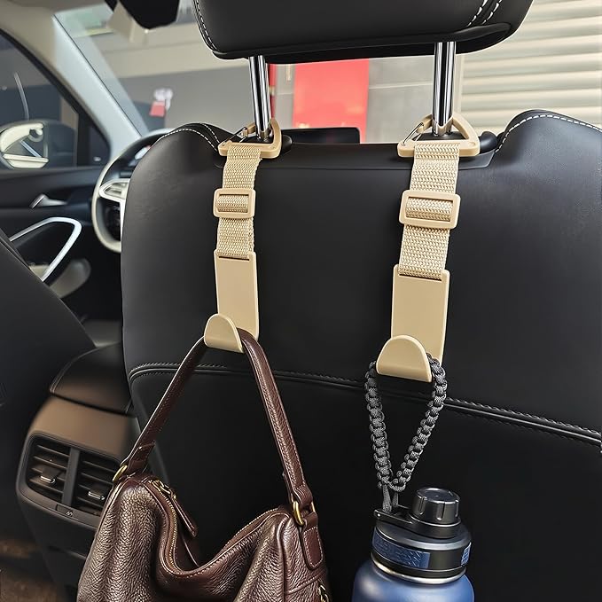 Amooca Headrest Hooks for Car Adjustable 4 Pack Vehicle Seat Back Organizer Storage Hanger Holder for Purse Bags Universal Fit with Clip Beige