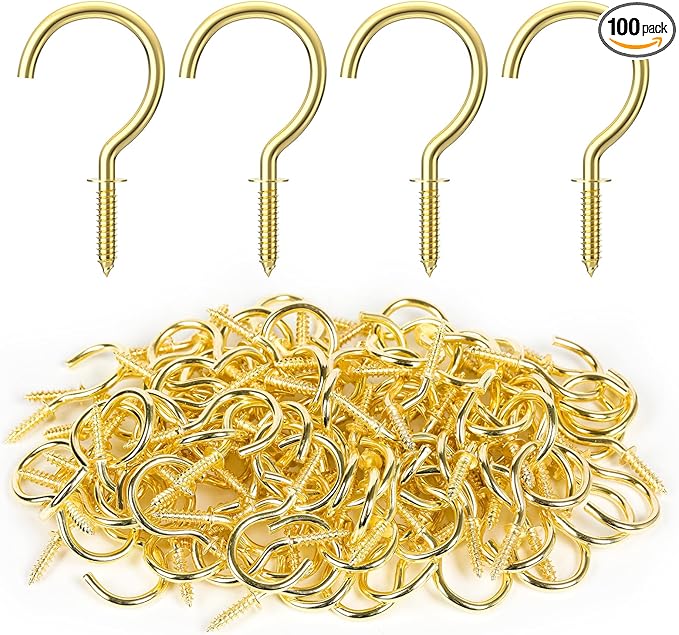 RELBRO Screw Hooks, 1 Inch Metal Screw in Cup Hooks, Gold, 100 Pcs