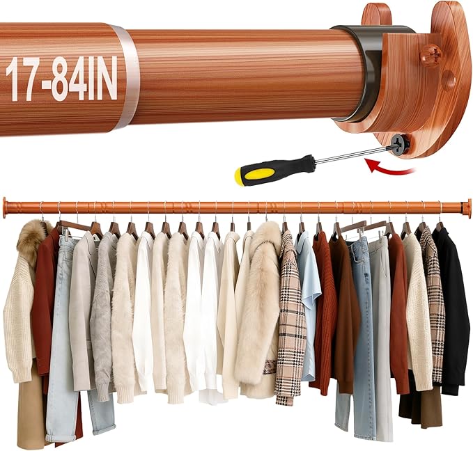 17 to 84 Inch Closet Rods for Hanging Clothes with Screwdriver, Stepless Adjustable Closet Rod Heavy Duty, 1.3 Inch Clothes Hanging Rod Metal Closets Bar for Wardrobes Laundry Bathroom RV, Dark Brown