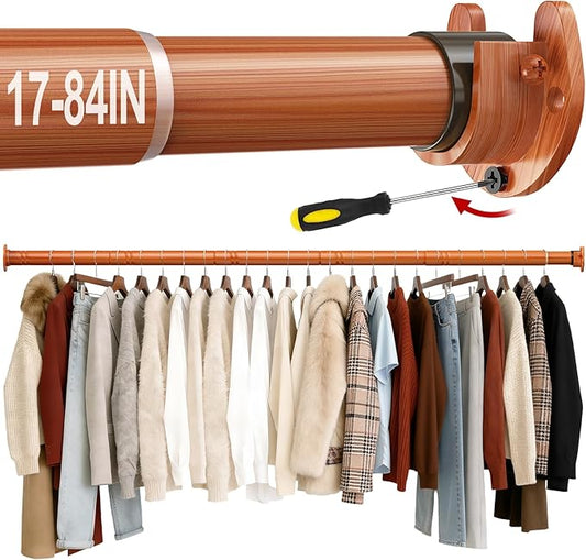 17 to 84 Inch Closet Rods for Hanging Clothes with Screwdriver, Stepless Adjustable Closet Rod Heavy Duty, 1.3 Inch Clothes Hanging Rod Metal Closets Bar for Wardrobes Laundry Bathroom RV, Dark Brown