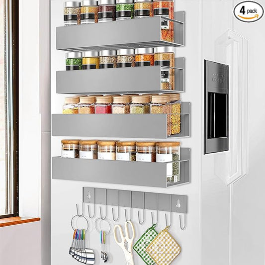 SMRCAD Magnetic Spice Rack Organizer for Fridge Seasoning Organizer for Kitchen storage with Screw Magnetic Shelf with Hook for Refrigerator and Oven (4pack1hook-Grey)
