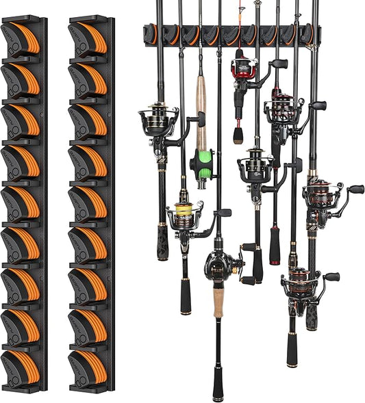 PLUSINNO V9 Vertical Fishing Rod Holders, 2 Packs Wall Mounted Fishing Pole Holders, Fishing Rod Racks Hold Up to 18 Rods or Combos, Fishing Pole Holders for Garage, Fishing Gear and Gifts for Men