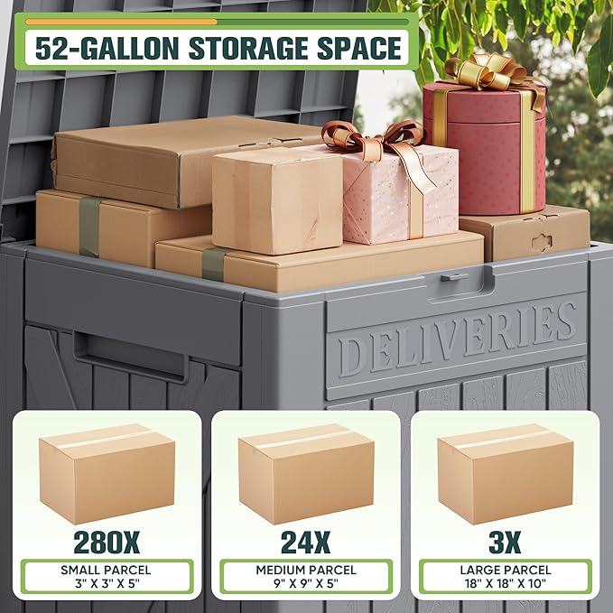 Greesum 52 Gallon Large Outdoor Package Delivery Box for Porch, Lockable Secure Double-Wall Resin Storage Bin, Waterproof Deck Container for Package Protection, Gray