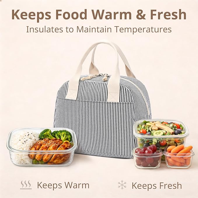 LOVELYWIND Insulated Lunch Bag for Women, Reusable BLack Striped Lunch Box Cooler Bag with Large Capacity, Durable Lunch Tote for Work