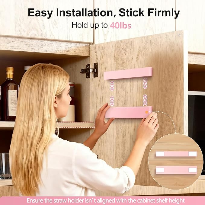 9.5” Large Acrylic Straw Holder for Cabinet Door, Reusable Adjustable Two-Part Straws Organizer with Ultra Sticky Adhesive Strips, 2026 Straw Storage for Kitchen Cupboard(Rose Stone)