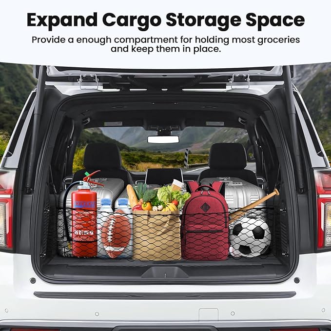 Canvcle Cargo Net for Chevy Suburban Tahoe GMC Yukon&Yukon XL Cadillac Escalade 2021–2025 2026 Envelope Style Heavy Duty Elastic Mesh Trunk Cargo Organizer Easy Install Storage Net with Hooks