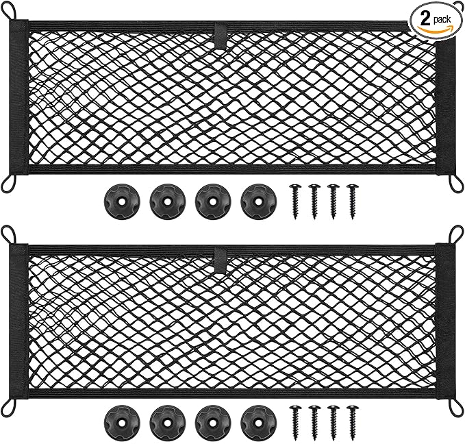 TOBWOLF 2PCS 25x75cm/9.8x29.5in Cargo Storage Net, Universal Elastic Stretchable Pocket Storage Mesh Net, Organizer RV Netting Storage Pouch with 8PCS Screws & 8PCS Buttonholes for Car Truck SUV Boats