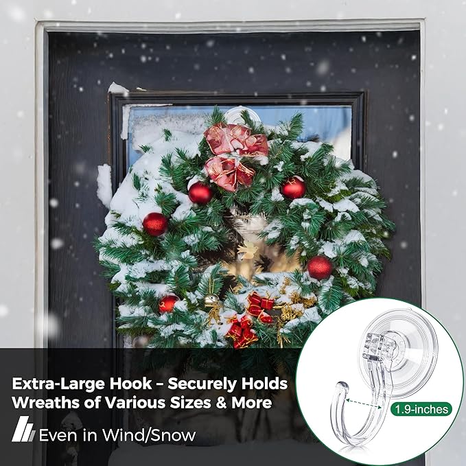 ANDGOO 4 Pack Large Suction Cup Hooks for Door Wreaths, Wreath Hangers for Front Door, Glass, Window, Shower, Upgraded 1.9" Diameter Wreath Holder, No Tools, No Damage, Holds Up to 22 lbs