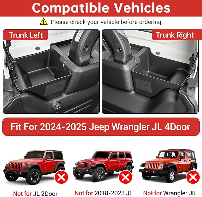 Wheel Well Storage Bin Fit for 2024-2025 Jeep Wrangler JL JLU 4XE Rear Trunk Side Storage Box Cargo Organizer Cargo Tray for Wrangler JL 4dr Accessories(24-25 Trunk Organizer, Not Gladiator)
