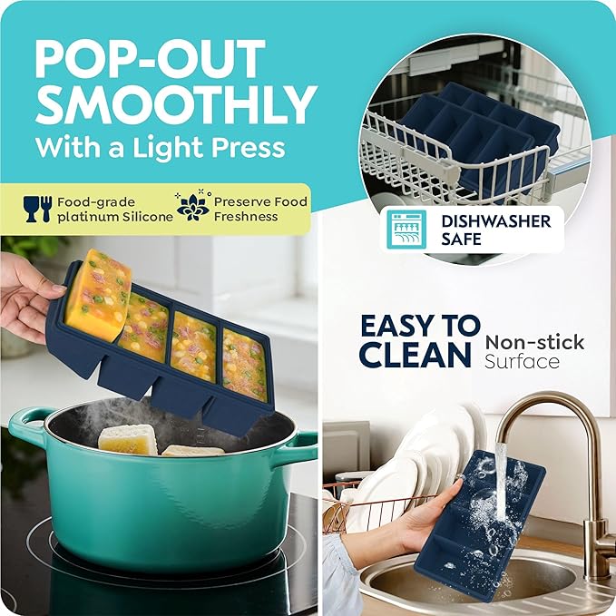 1 cup Silicone Freezer Trays with Lids, Soup Container Style Ice Cube Trays, Easily prepare portioned meals, Great for storing soups, leftovers, sauces and other dishes, Dishwasher, Oven Safe – 2 Pack