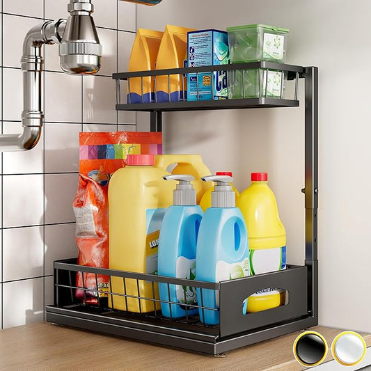 Under Sink Organizer and Storage, Height Adjustable Cabinet Organizer with Slide Out Drawer, Pull Out Under Sink Storage, Multi-Purpose 2 Tier Sink Shelves for Kitchen Bathroom Pantry (Black, 1 Pack)