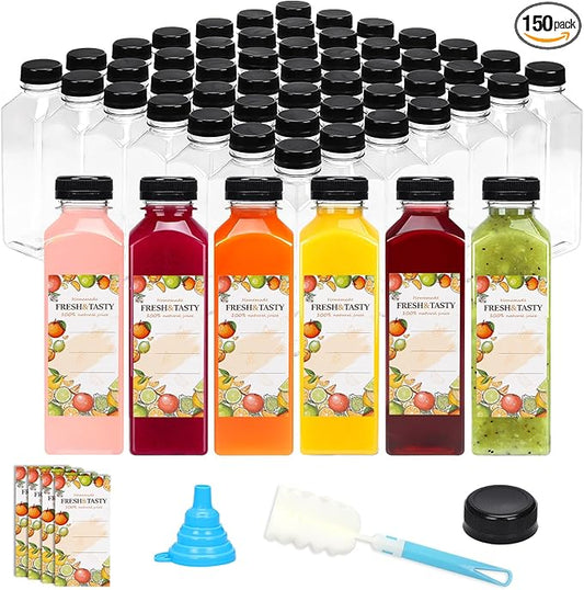 TOMNK 150pcs Juice Bottles, 16oz Reusable Plastic Juice Bottles with Caps and Labels, Funnel, Brush Beverage Containers for Juicing, Smoothies, Tea, Milk