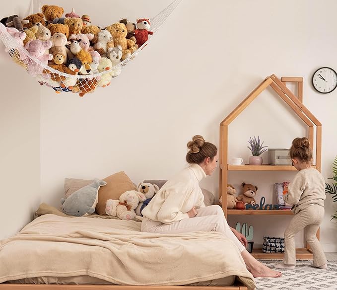 Stuffed Animal Storage Hammock Net Corner - Large Toy Hammock Net for Stuffed Animals Room Decor - Cute Stuff Animal Organizer Holder for Plush Plushie - Kids Baby Nursery Wall Bedroom Home Decor
