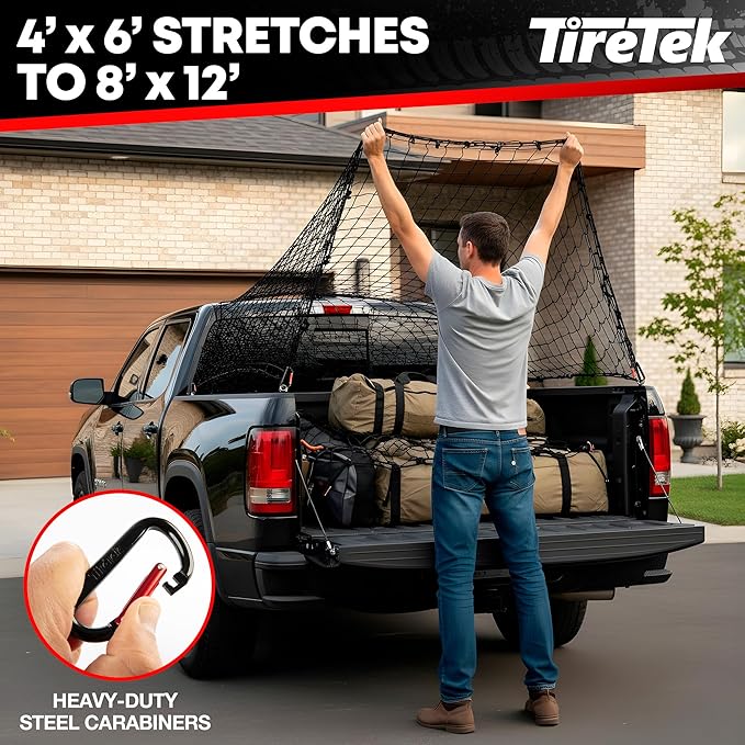 Cargo Net for Pickup Truck Bed (4'x6' Stretches to 8'x12') Double Thick Heavy Duty Truck Bed Net for Dad & Husband - 12 Metal Carabiners, Bungee Mesh Accessory with Strap Hooks