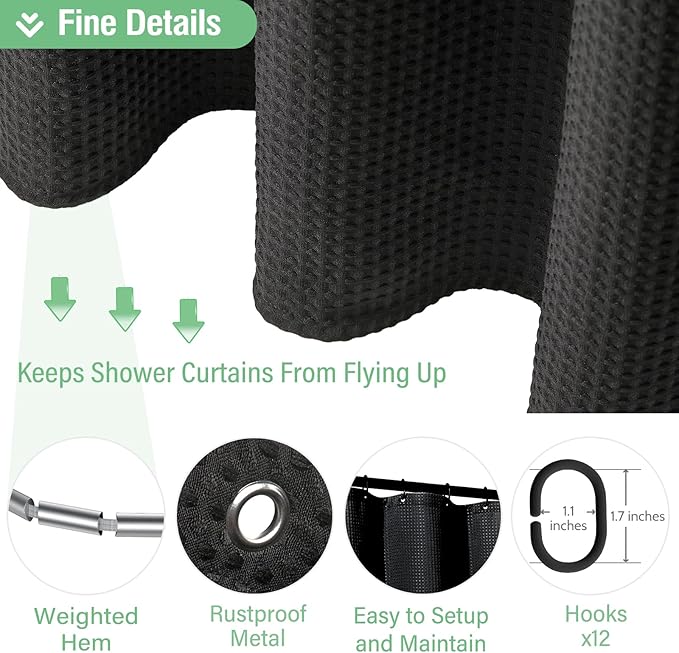 Dynamene Long Black Fabric Shower Curtain - Waffle Textured Tall Heavy Duty Cloth Shower Curtains for Bathroom, 256GSM Large Hotel Spa Luxury Bath Curtain Set with 12 Plastic Hooks(72Wx80H, Black)