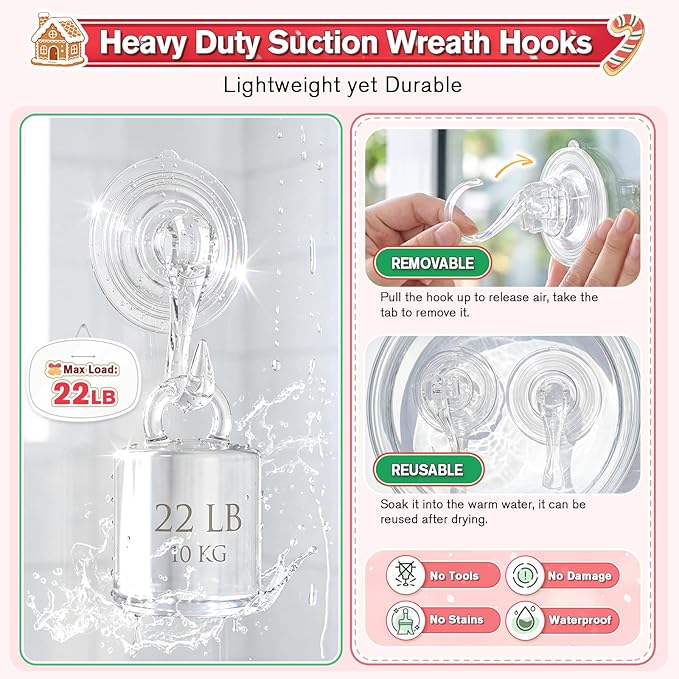 VIS'V Wreath Hanger, Large Suction Cup Wreath Hooks with Wipes, Heavy Duty, 22 LB Capacity, Removable and Reusable, Clear, 6 Pcs
