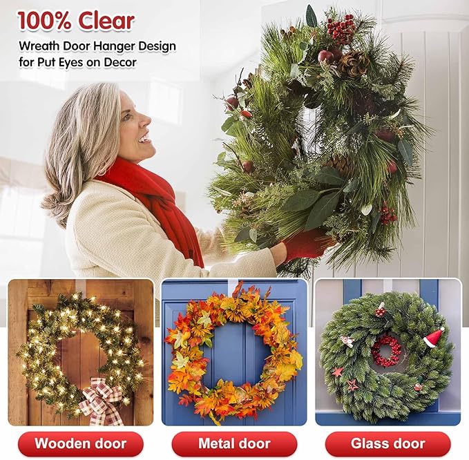 15" Clear Wreath Hangers - Non Scratch Over The Door Hanger Hooks, Wreath Door Hanger - Easter, Fall, Halloween, Christmas Decorations - Indoor/Outdoor - Welcome Sign - 1 Pack