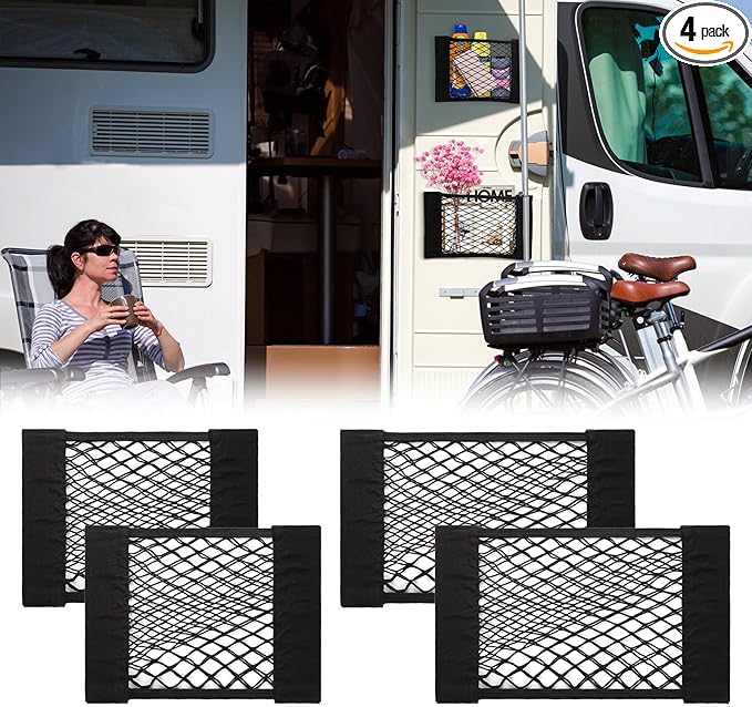 PIFOOG 4Pcs Car Net Pocket Elastic Small Mesh Cargo Storage Nets Bag Organizer Wall Sticker Pouch Netting Universal for Vehicle SUV Trunk Seat RV Camper