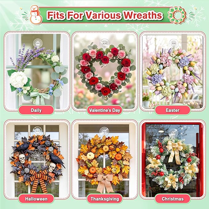 VIS'V Wreath Hanger, Large Suction Cup Wreath Hooks, Heavy Duty, 22 LB Capacity, Removable and Reusable, Clear, 6 Pcs