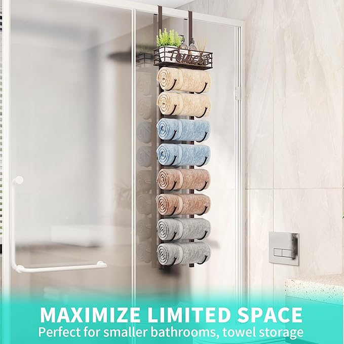 HapiRm Towel Racks for Bathroom Storage - 9 Tier Over The Door & Wall Mount Rolled Towel Storage Organizer Holder with Metal Shelf Basket for Small Bathroom, Camper, Rv - Bronze, Patented
