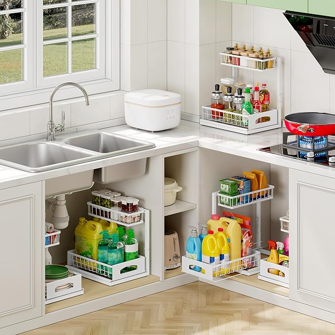 Under Sink Organizer and Storage, Height Adjustable Cabinet Organizer with Slide Out Drawer, Pull Out Under Sink Storage, Multi-Purpose 2 Tier Sink Shelves for Kitchen Bathroom Pantry (White, 1 Pack)