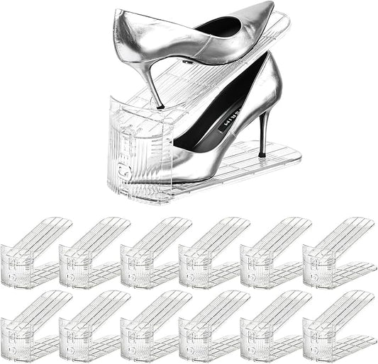 Shoe Slots Organizer，12Pack Clear Shoe Stackers for a Pair of Shoes,Adjustable Shoe Rack with Three Levels，Shoe Storage Shoe Space Saver