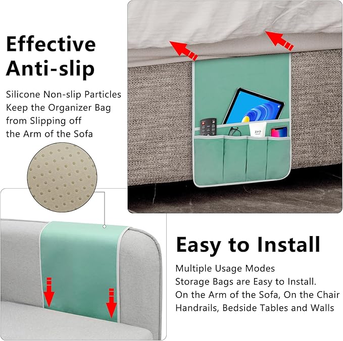 Remote Control Holder for Armchair Caddy, Couch TV Remote Holder for Bed Storage 5 Pockets，Remote Caddy Bedside Organizer Bedside Table Organizer (MintGreen, 35"x12.4")