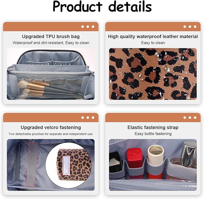 BOYATU Travel Makeup Bags Organizer for Women: 3 Pcs Set Leopard Cosmetic Bag - Large Make up Bag with Compartments - Flat Open Waterproof Leather Toiletry Bags for Skincare, Brushes & Travel - Brown