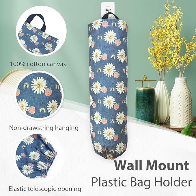 SYIPO Plastic Bag Holder, Reusable Grocery Bag Organizer, Wall Mount, 1 Pack, Blue Daisy