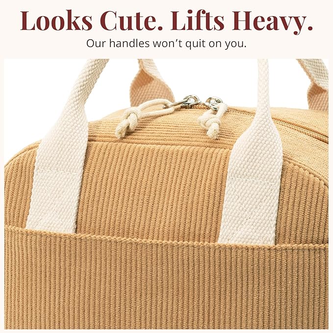 LOVELYWIND Insulated Lunch Bag for Women Men, Stylish Corduroy Tote Bag with Aluminum Lining, Large Capacity Reusable Cooler for Work, Travel, or Beach, Camel Brown Lunch Box
