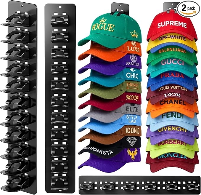 2 Pack Hat Hook Organizer for Baseball Caps, Hat Hanger Holder for 20 Caps, Wall Hat Rack with Strong Adhesive, Multilayer Cap Storage Hooks for Closet Door and Bedroom (Style C-Black)