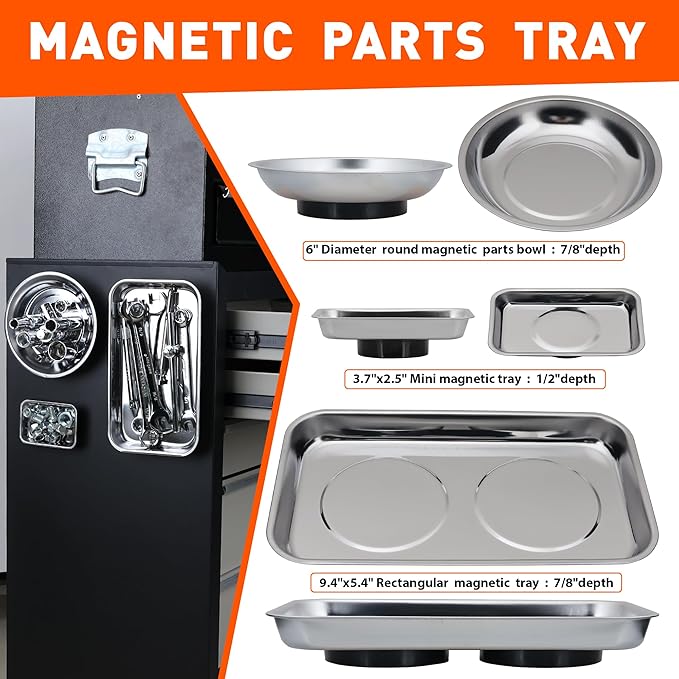 HORUDSY 4PC Magnetic Tray Set with Magnet Stick – Extra Strong Magnets, Stainless Steel Trays, and Telescoping Pickup Tool for Organizing and Retrieving Metal Parts