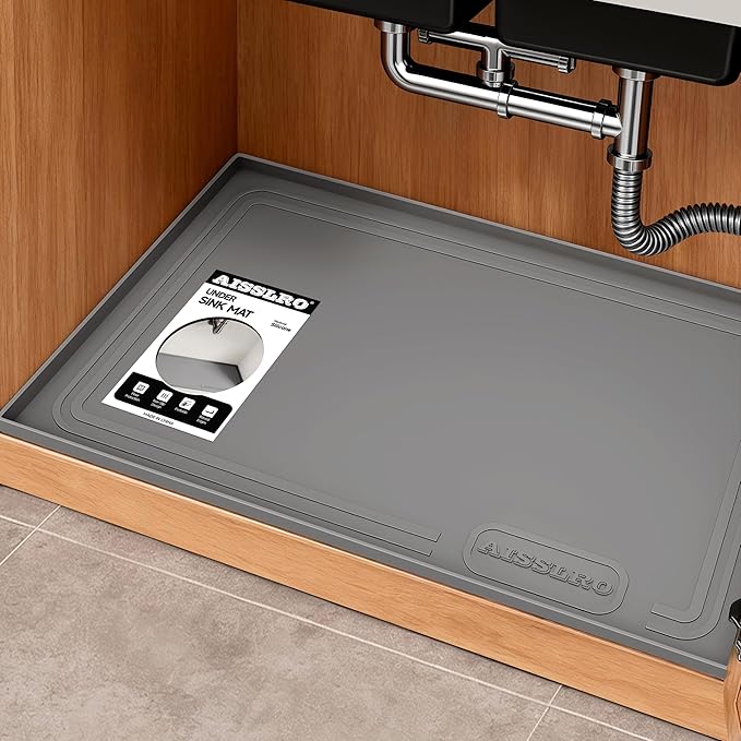 Aisslro Under Sink Mat 25" X 19", Waterproof Silicone Under Sink Mats for Kitchen, Anti-Leak Shelf Liner & Cabinet Protector with Raised Edge, [BPA Free] Bathroom Tray Home Organizer, Dark Gray