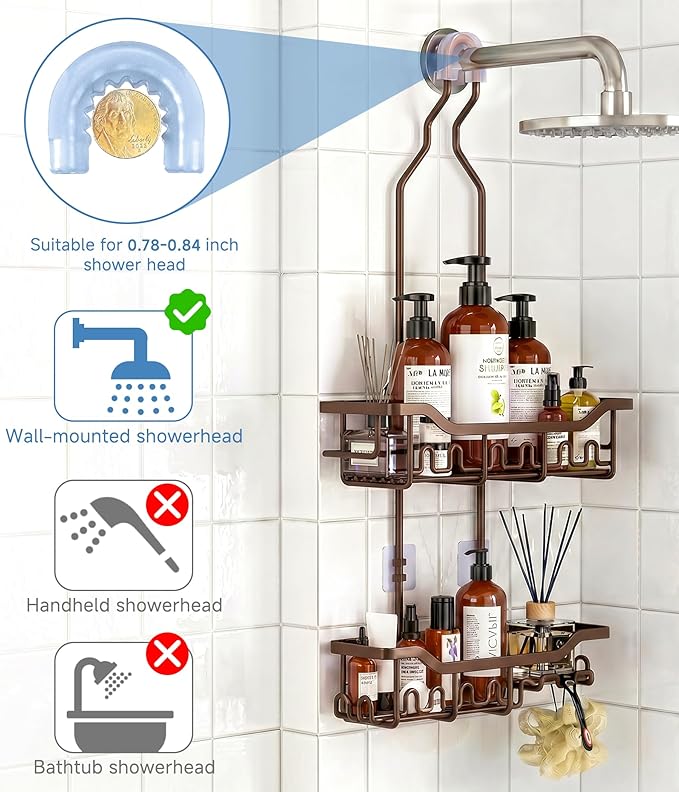 Upgraded Extended Length Shower Organizer with Hooks, Rustproof Shampoo Soap Holder, Large Hanging Bathroom Caddy