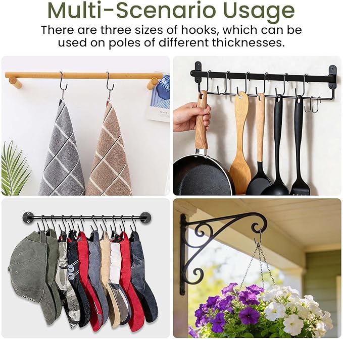 ESFUN 18 Pack S Hooks for Hanging, Variety Sizes 6 PCS Large 4"/ 6 PCS Medium 3"/ 6 PCS Small 2.4" Pot Hooks for Rack Hanging Pans Pots, Heavy Duty Metal S Hooks for Hanging Clothes Bags Towels Plant