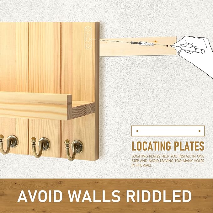 Rebee Vision Pine Wood Key Holder Wall Mount with 5 Hooks and Shelf – Farmhouse Key Holder for Wall for Entryway Organization – Perfect for Mail & Letters (Orginal Wood,3.54" x 10" x 7.28")