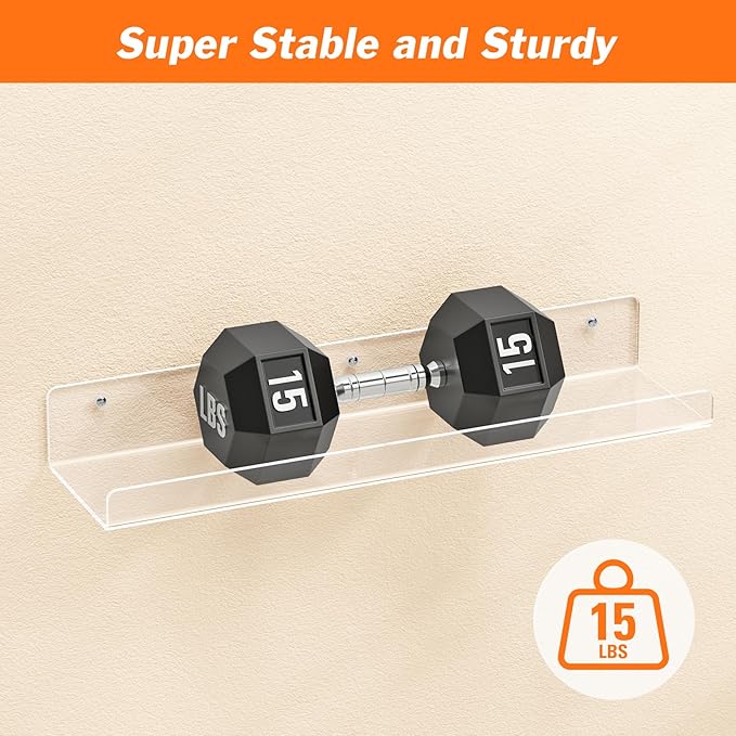 Dooiclear 6 Pack Floating Shelves for Wall, 15" Clear Book Shelf, Acrylic Floating Wall Shelf, Display Shelves Organizer for Bathroom, Classroom, Bedroom, Living Room, Kitchen, Room Decor