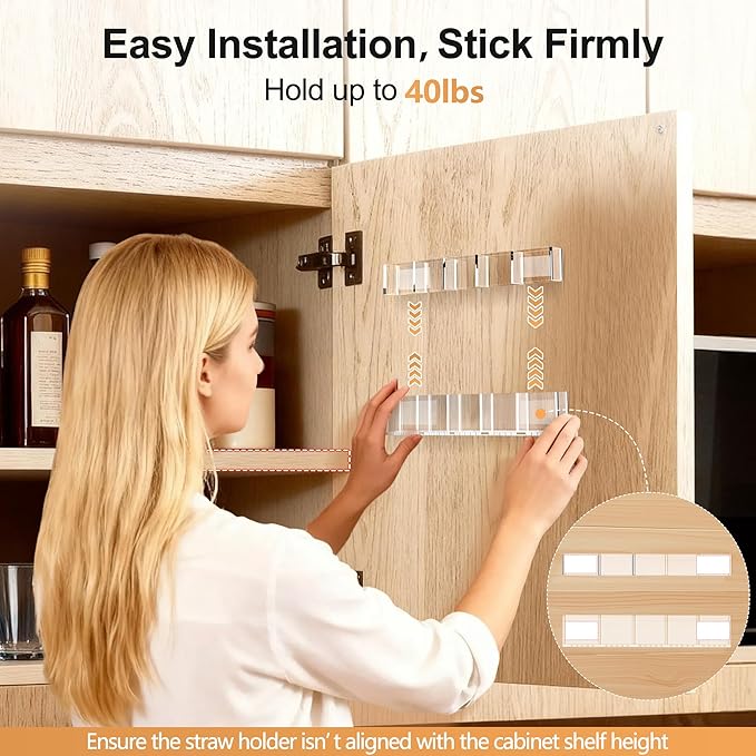 9.5” Large Acrylic Straw Holder for Cabinet Door, Reusable Adjustable Two-Part Straws Organizer with Ultra Sticky Adhesive Strips, 2026 Straw Storage for Kitchen Cupboard