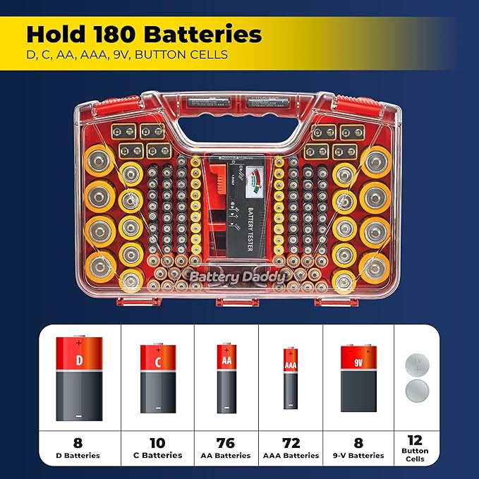 Ontel Battery Daddy Storage & Organizer Case w/Tester, Stores & Protects Up to 180 Batteries, Double-Sided, Clear Locking Lid, Secure Latches & Portable Carrying Handle - Red (Batteries Not Included)