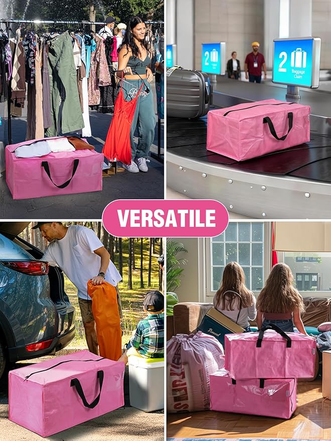 WORKPRO 8 Pack Extra Large Moving Bags with Zippers & Carrying Handles Backpack Straps, Heavy-Duty Storage Tote for Space Saving Moving Storage (Pink)