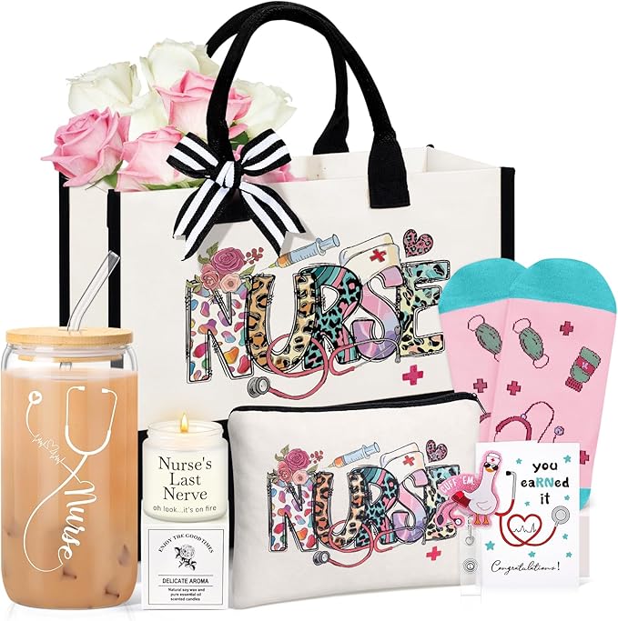 UAREHIBY Nurse Graduation Gifts for Nursing Student,Thank You Nurse Appreciation Gift Set for Women,Nurses Week Gift with Tote Bag Badge Reel