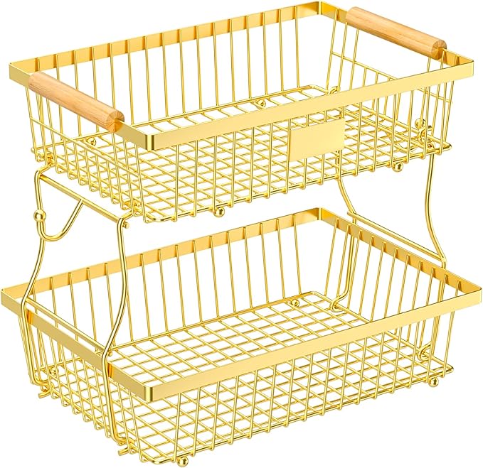 2 Tier Fruit Basket for Kitchen Counter with 2 Banana Hangers, Countertop Metal Fruit Bowl with Wooden Handle, Large Storage Stand for Vegetables, Snacks, Breads, Produce Storage – rose gold