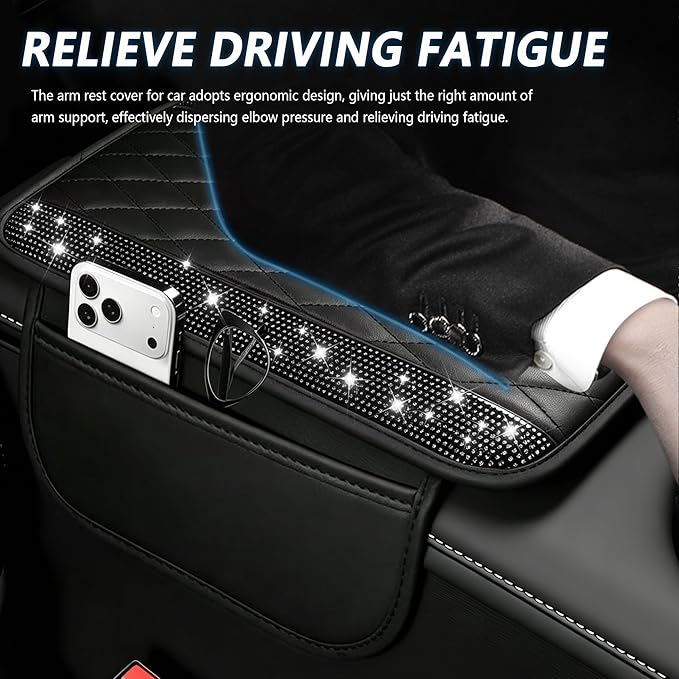 Stacool Upgraded Car Center Console Cover with Rhinestones,Microfiber Leather Car Armrest Cover Cushion with 2 Storage Bags,Universal Cars Armrest Storage Box as Cars Interior Accessories