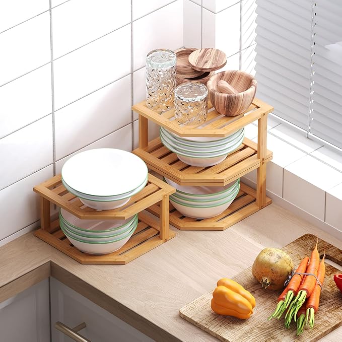 Bamboo Corner Shelf(3 Pack),2 Tier Plate Organizer for Cabinet and Countertop,Pantry Dish and Spice Rack for Kitchen