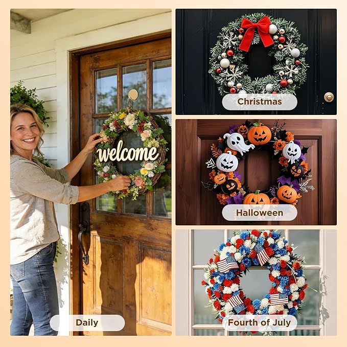 OUTXE Adhesive Wreath Hanger, Heavy Duty Reef Hook | for Front Door Glass Window | for Christmas/Thanksgiving/Halloween/July 4th/Easter/Valentine/Fall/Summer/Spring (Gold, 2-Pack)