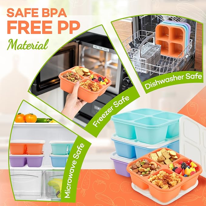 Bento Box Adult Lunch Box- 4 Pack,4 Compartment Snack Containers Reusable Meal Prep Stackable BPA-Free Lunch Containers for Home, Work, Travel (4 Color)