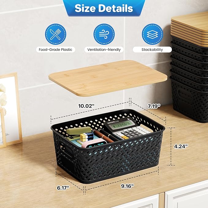 Anysig 8 Packs Plastic Storage Bins with Bamboo Lids - Stackable Storage Bins Decorative Small Basket Containers for Organizing Shelves Office Classroom Desktop Closet, Black