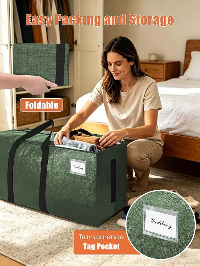 SWEET DOLPHIN 12 Pack 200LB Heavy-Duty Moving Bags with Wrap-Around Handles, Extra Large Storage Totes for Space Saving, Clothes Storage Bags, College Dorm Essentials, Green, 24 Gal